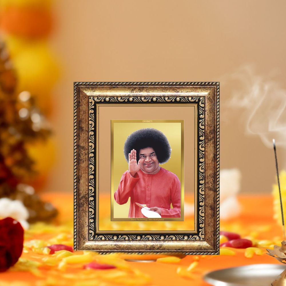 Diviniti 24K Gold Plated Satya Sai Baba Divine Table Top Frame for Home Mandir & Office Decor | Luxury Spiritual Gift