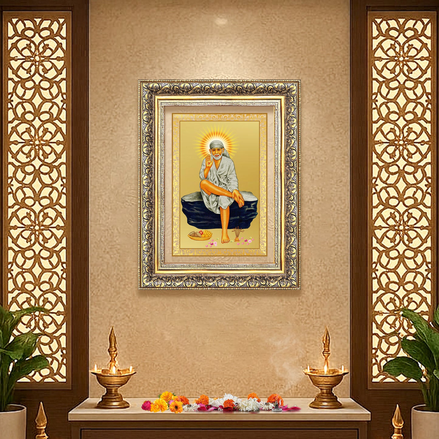 Diviniti 24K Gold Plated Sai Baba (Classic) Divine Wall Frame for Home Mandir & Office Decor | Luxury Spiritual Gift