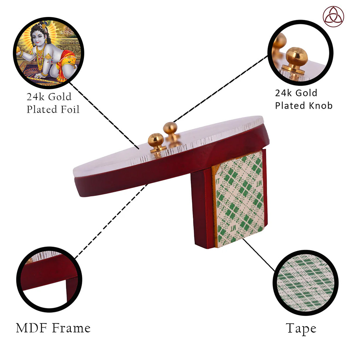 Laddu Gopal Car Dashboard & Tabletop Photo Frame showcasing 24K gold plated foil and intricate MDF design.