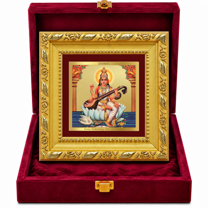 24K Gold-Plated Goddess Saraswati Frame | Premium Gift Box | 10x10 CM