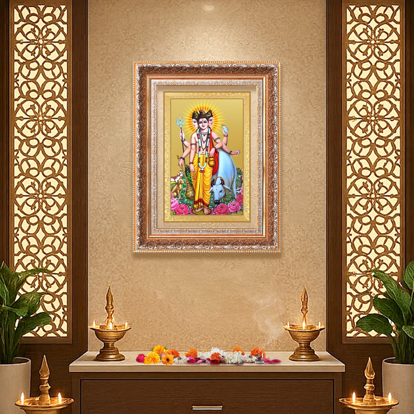 Dattatreya with Kamadhenu | Shri Dattatreya Wall Mount Photo Frame in 24K Gold Plated Foil