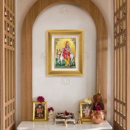 Diviniti 24K Gold Plated Krishna With Surbhi Cow (Classic) Divine Wall Frame for Home Mandir & Office Decor | Luxury Spiritual Gift