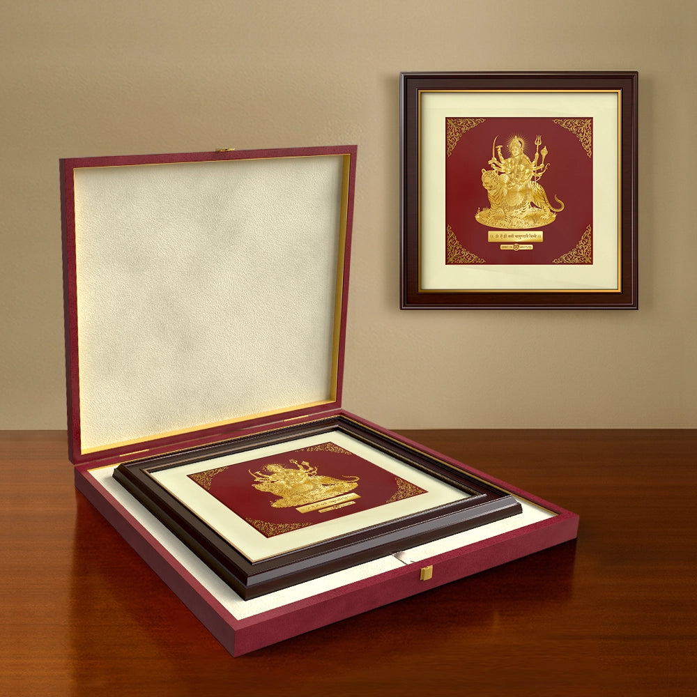 Durga Sherawali Mata | Sacred Shakti and Blessings Gold on Gold Wall Hanging Frame in 24K Gold Plated Foil