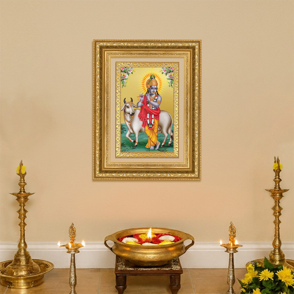 Diviniti 24K Gold Plated Krishna With Surbhi Cow (Classic) Divine Wall Frame for Home Mandir & Office Decor | Luxury Spiritual Gift
