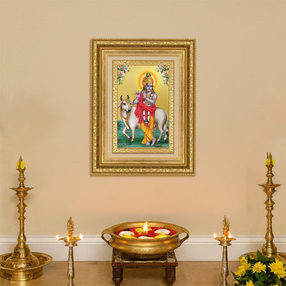 Diviniti 24K Gold Plated Krishna With Surbhi Cow (Classic) Divine Wall Frame for Home Mandir & Office Decor | Luxury Spiritual Gift