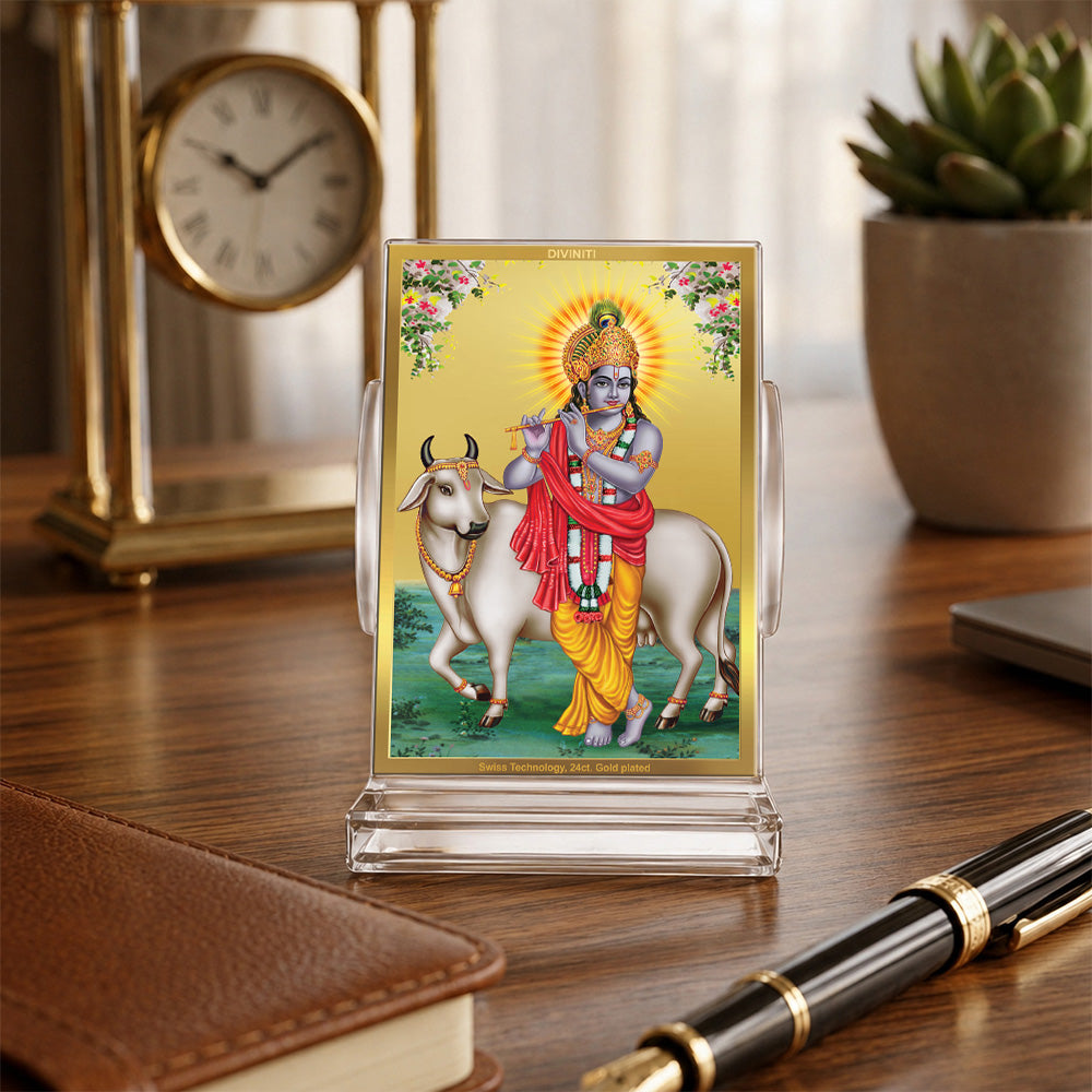 24K Gold-Plated Krishna with Surbhi Cow Acrylic Car Dashboard Frame | 11x7 CM