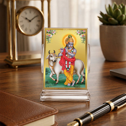 24K Gold-Plated Krishna with Surbhi Cow Acrylic Car Dashboard Frame | 11x7 CM