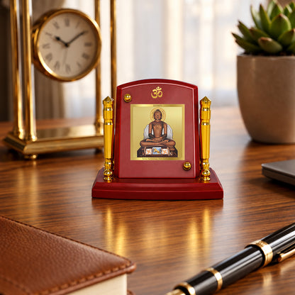 24K Gold-Plated Lord Mahavira MDF Car Dashboard Frame | 7.5x9 CM