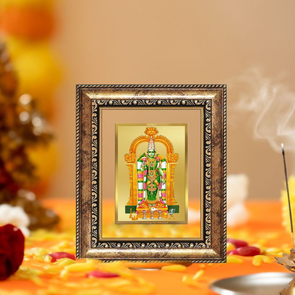 Diviniti 24K Gold Plated Meenakshi Amman Divine Table Top Frame for Home Mandir & Office Decor | Luxury Spiritual Gift