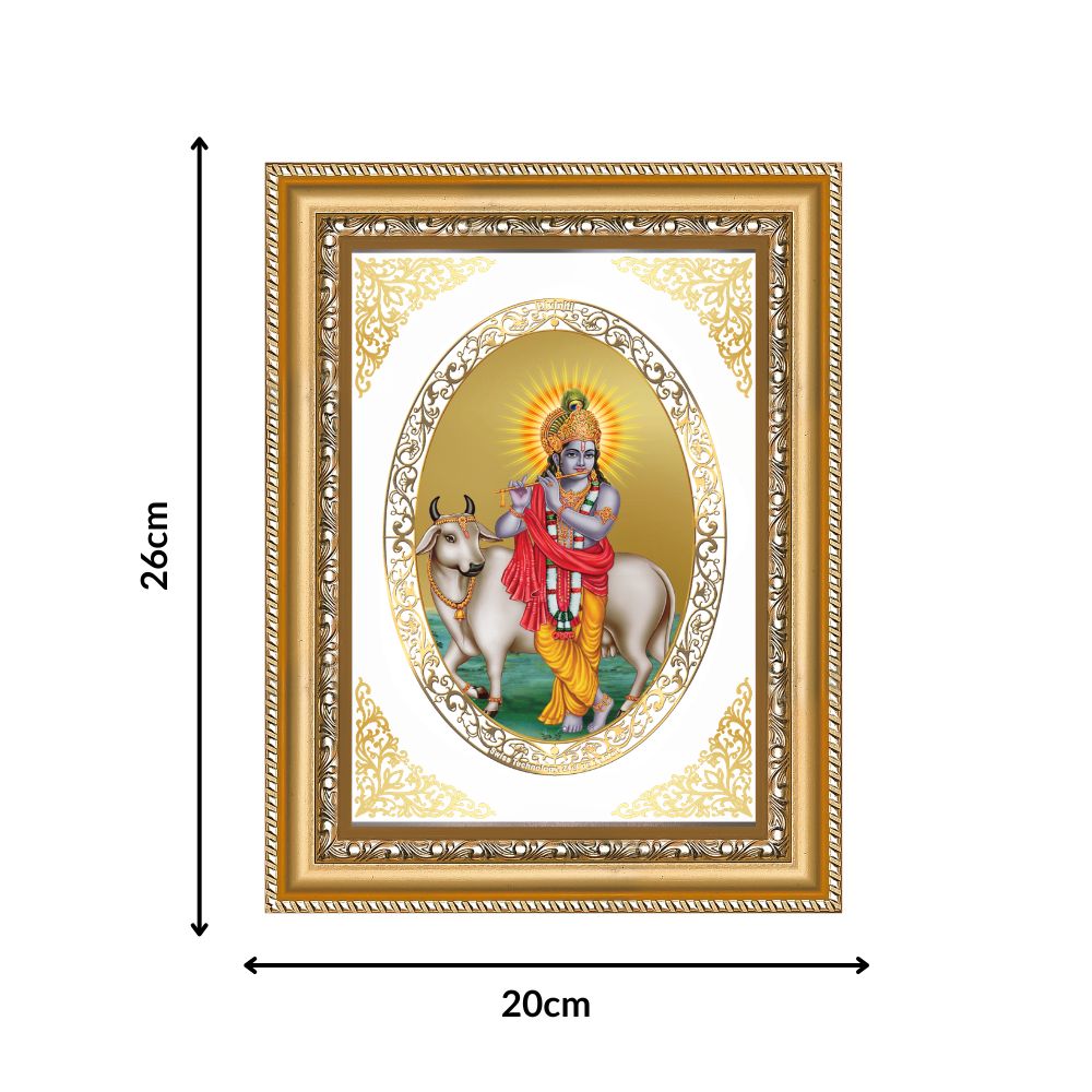 Lord Krishna with Cow | Divine Wall & Tabletop Royal Photo Frame in 24K Gold Plated Foil