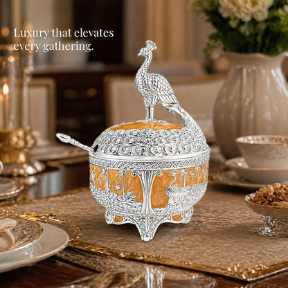 Diviniti German Silver Peacock Sugar Bowl with Spoon & Luxury Gift Box elegantly displayed on a dining table.