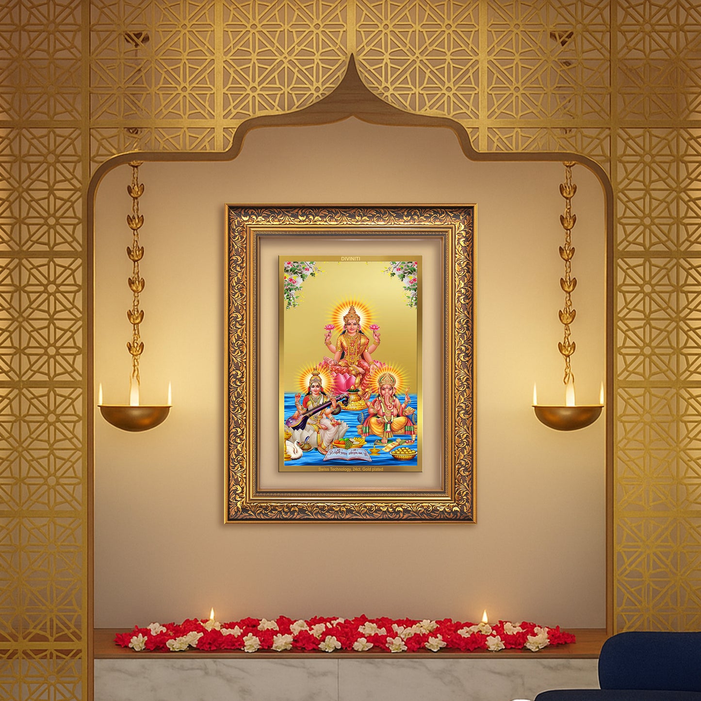 Goddess Lakshmi, Saraswati & Lord Ganesha | Divine Trio Wall Mount Photo Frame in 24K Gold Plated Foil