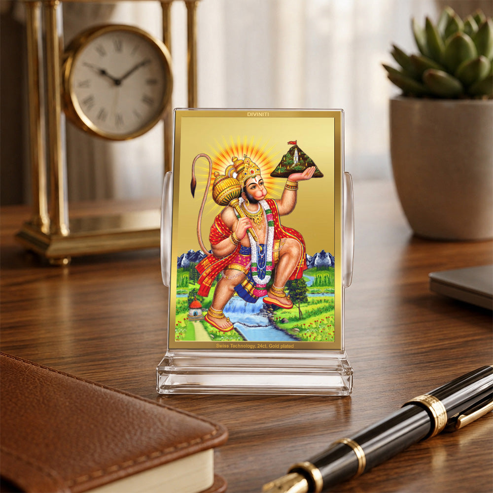 24K Gold-Plated Hanuman Carrying Sanjeevani Mountain Acrylic Car Dashboard Frame | 11x7 CM