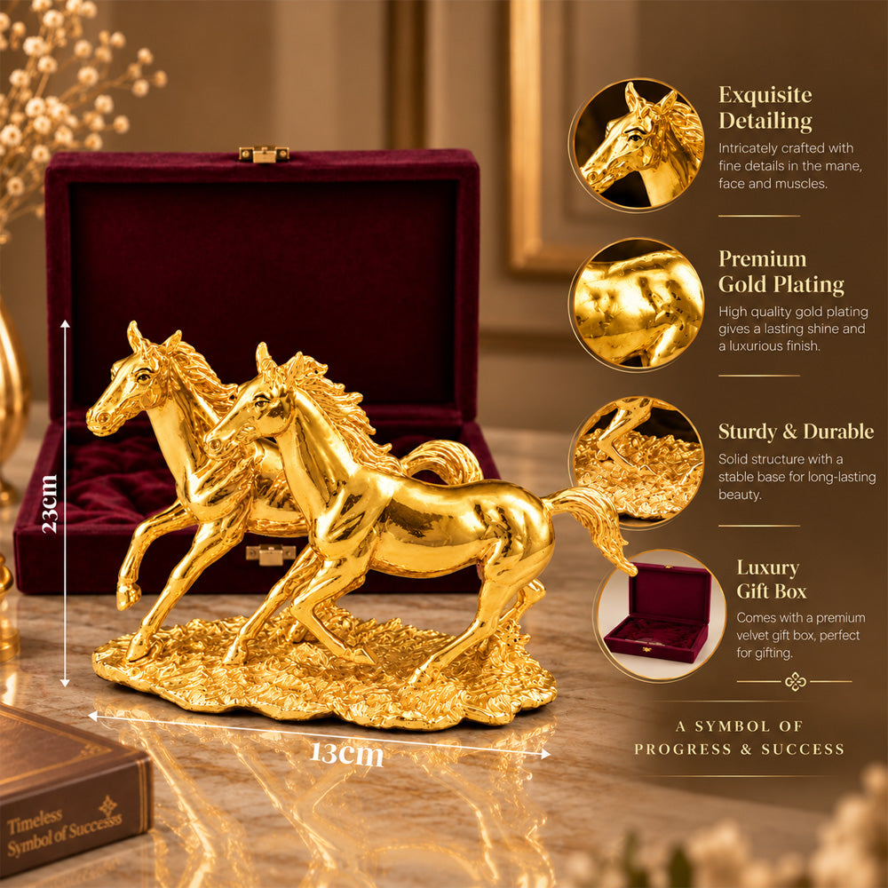 24K Gold-Plated Running Horse Pair | Premium Gift Box | 23x13 CM