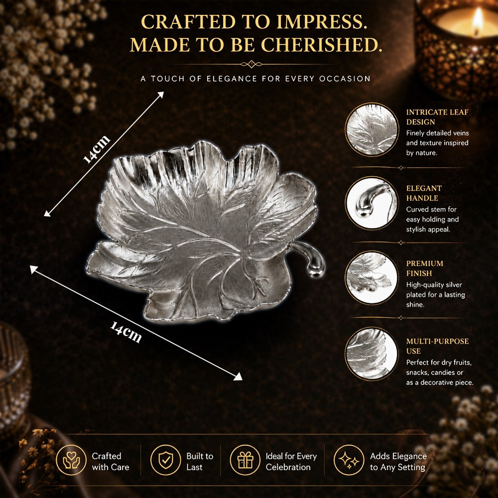 Diviniti Silver-Plated Leaf Decorative Bowl | Luxury Leaf-Shaped Serving Bowl for Dry Fruits, Sweets & Home Décor