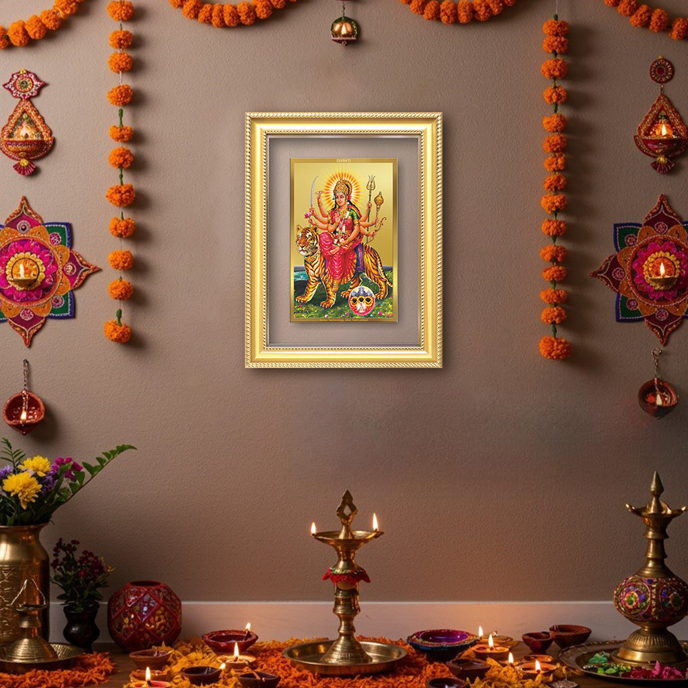 Diviniti 24K Gold Plated Durga - Sherawali Mata With Pind (Classic) Divine Wall Frame for Home Mandir & Office Decor | Luxury Spiritual Gift