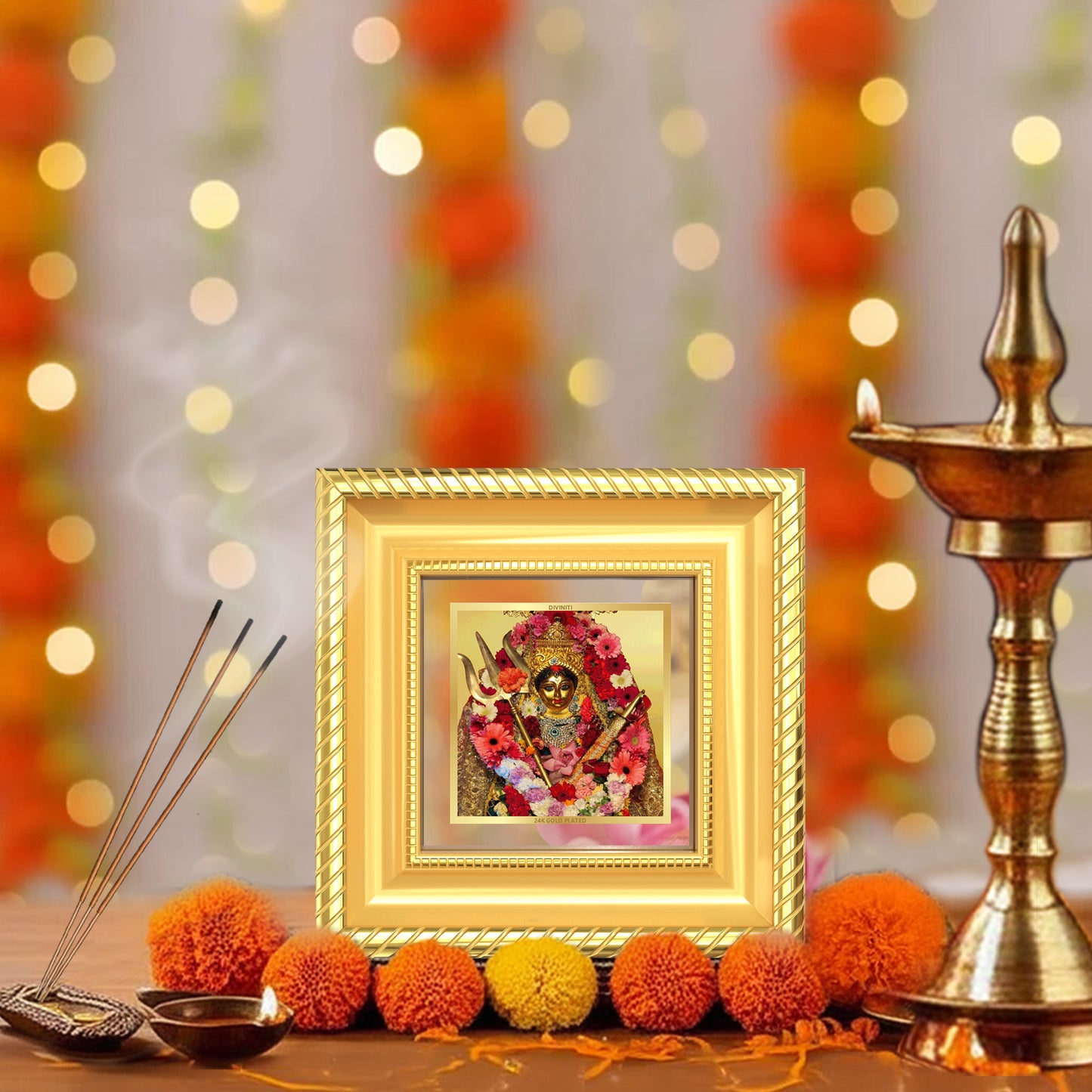 Diviniti Katyayani Mata Tabletop Photo Frame in 24K Gold Plated Foil | Strength, Courage & Divine Blessings | DG015S1A (10x10 CM)