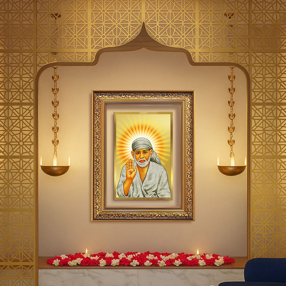 Diviniti 24K Gold Plated Sai Baba With Blessings (Classic) Divine Wall Frame for Home Mandir & Office Decor | Luxury Spiritual Gift