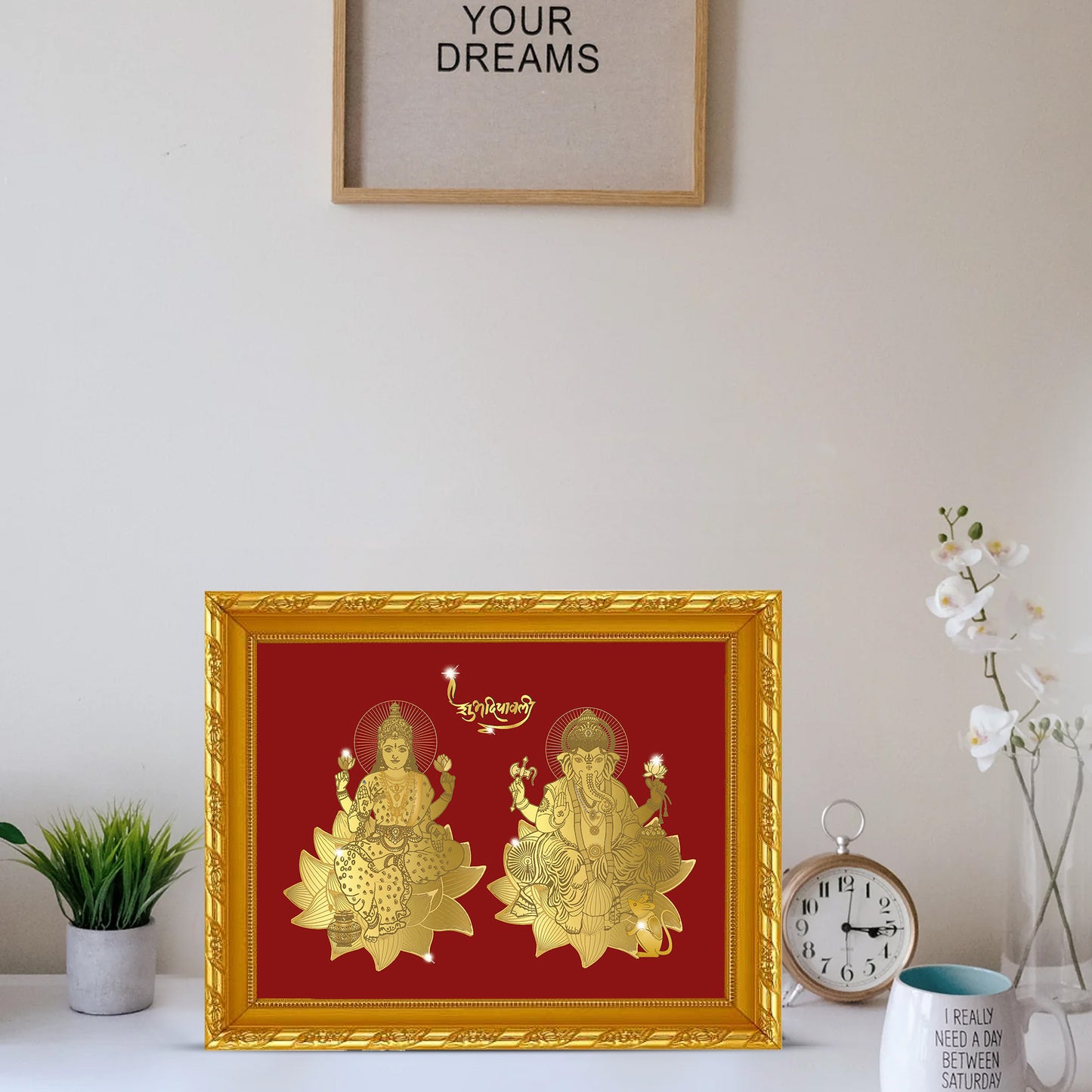 Diviniti 24K Gold Plated Laxmi Ganesha Photo Frame for Home Decor, Wall Hanging, Office Table, Gift MDF Size 2 (22.6x18.4 CM)