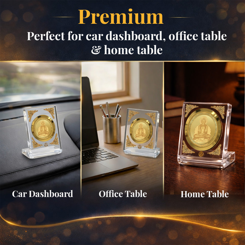 Lord Mahavir Diviniti Premium Gold on Gold frame showcased on car dashboard, office table, and home table.