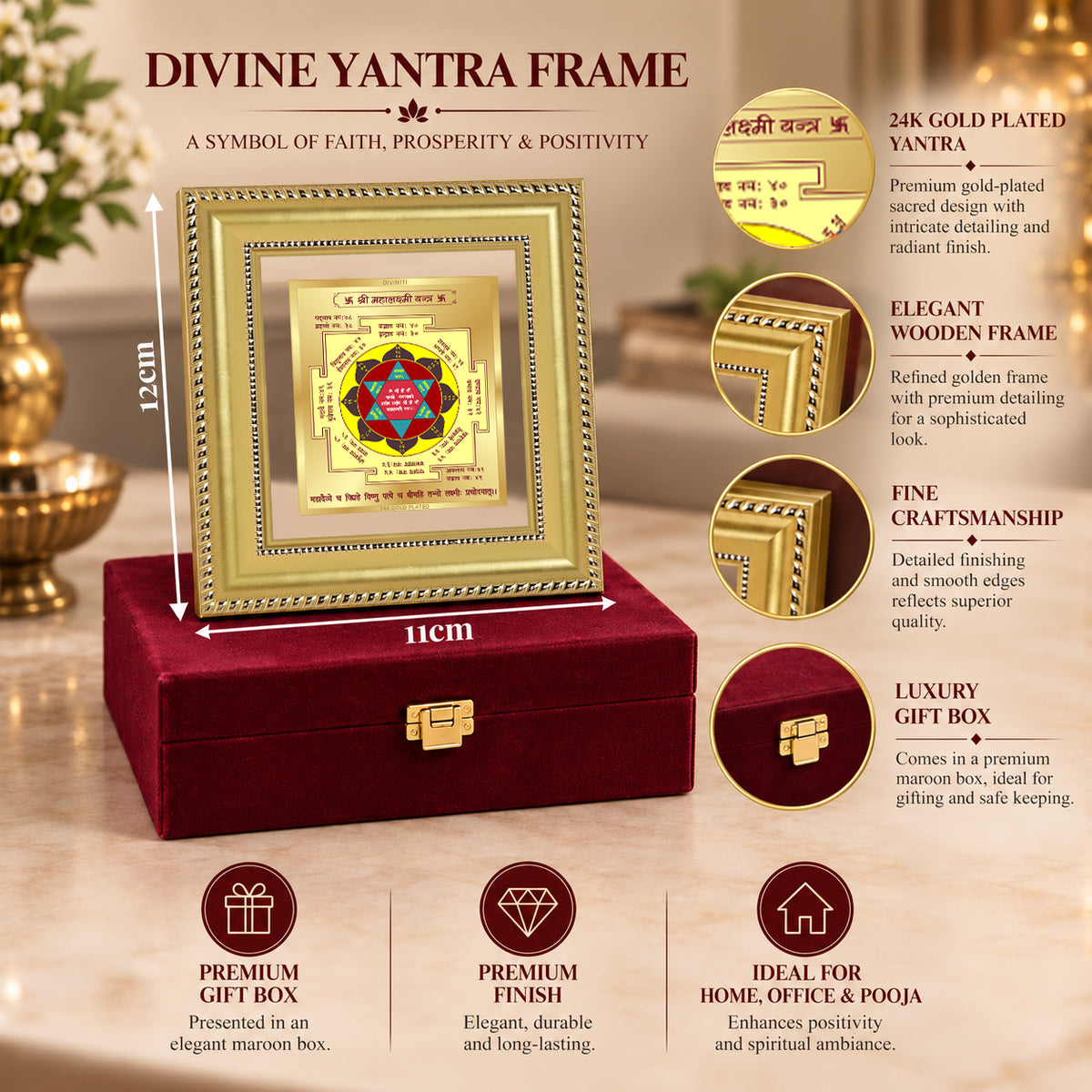 24K Gold-Plated Maha Lakshmi Yantra Frame | Premium Gift Box | 12x11 CM