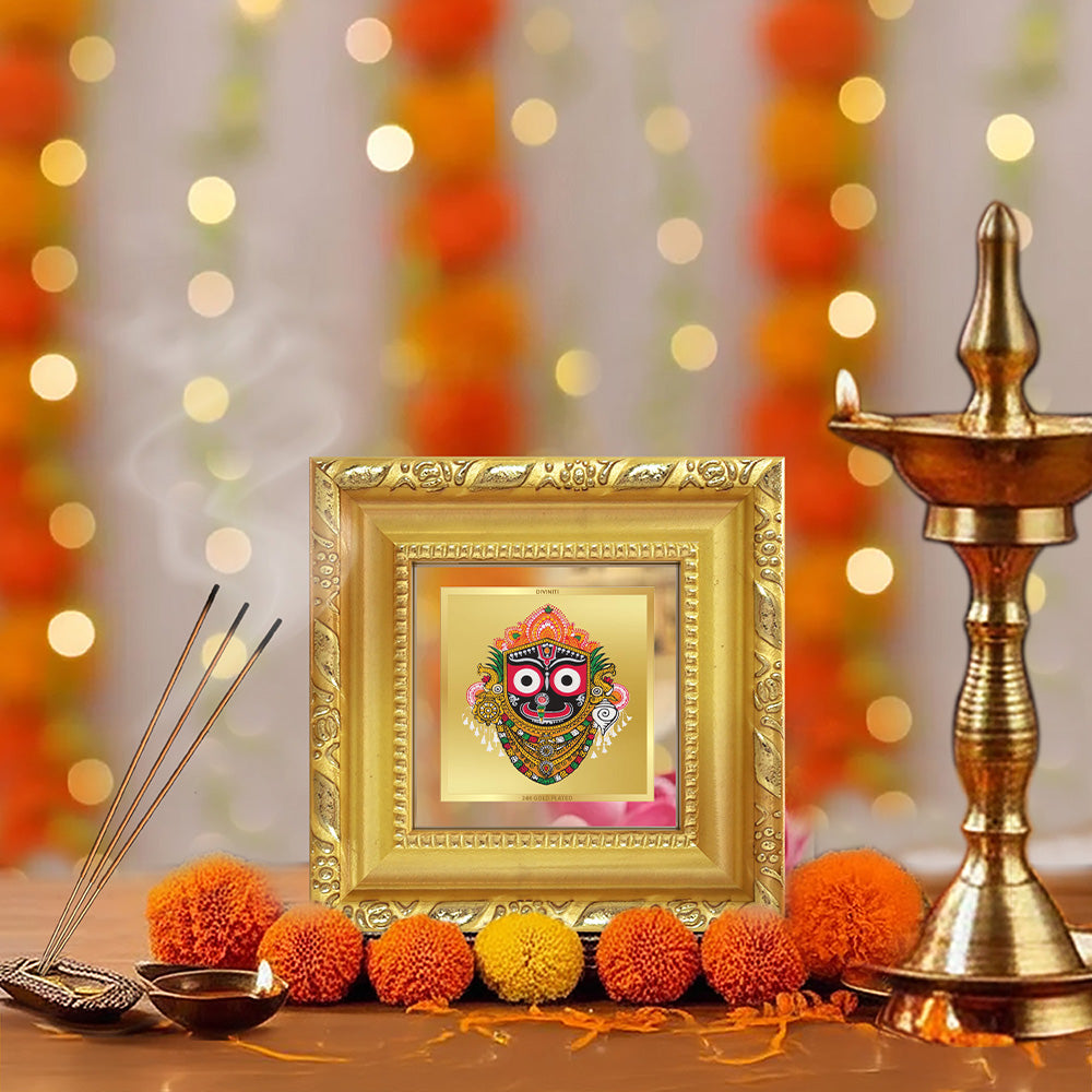 Diviniti Shree Jagannath Tabletop Photo Frame in 24K Gold Plated Foil | Divine Protection, Faith & Spiritual Bliss | DG103S1A (10x10 CM)