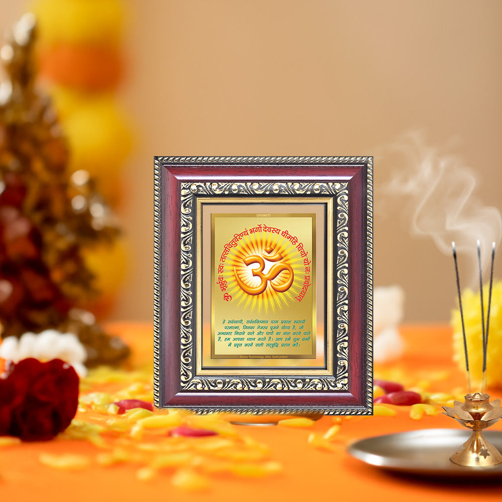 Diviniti 24K Gold Plated Om With Gayatri Mantra (Classic) Divine Table Top Frame for Home Mandir & Office Decor | Luxury Spiritual Gift