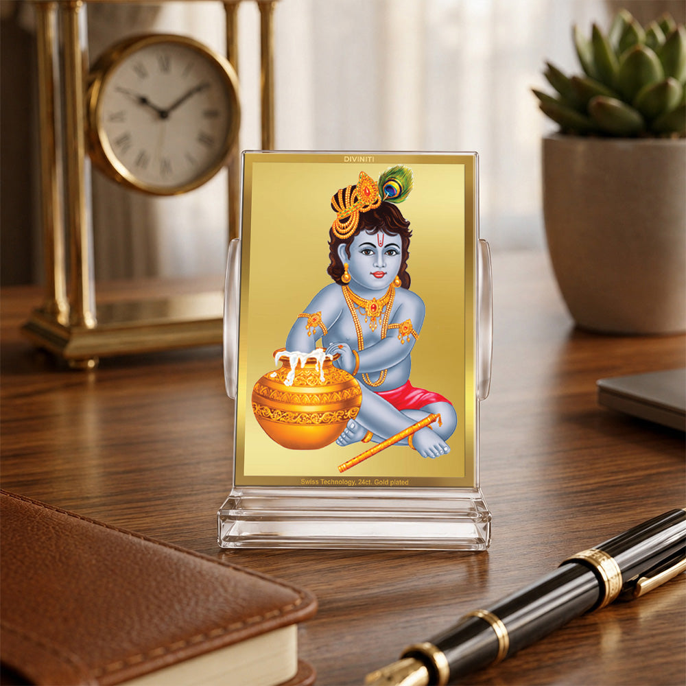 24K Gold-Plated Bal Gopal Acrylic Car Dashboard Frame | 11x7 CM
