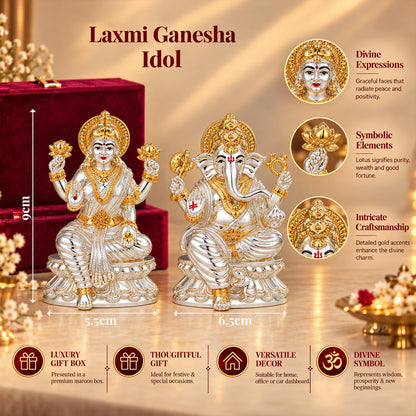 999 Silver-Plated Dual-Tone Lakshmi Ganesha Idol | Premium Gift Box | 9x12CM