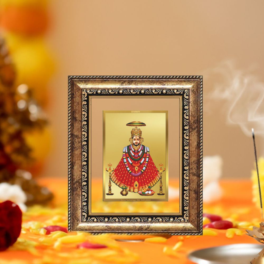 Diviniti 24K Gold Plated Khatu Shyam Divine Table Top Frame for Home Mandir & Office Decor | Luxury Spiritual Gift