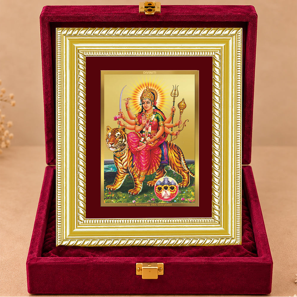 24K Gold-Plated Sherawali Mata with Pindi Frame | Premium Gift Box | 21.5x17.5 CM