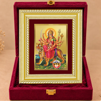 24K Gold-Plated Sherawali Mata with Pindi Frame | Premium Gift Box | 21.5x17.5 CM