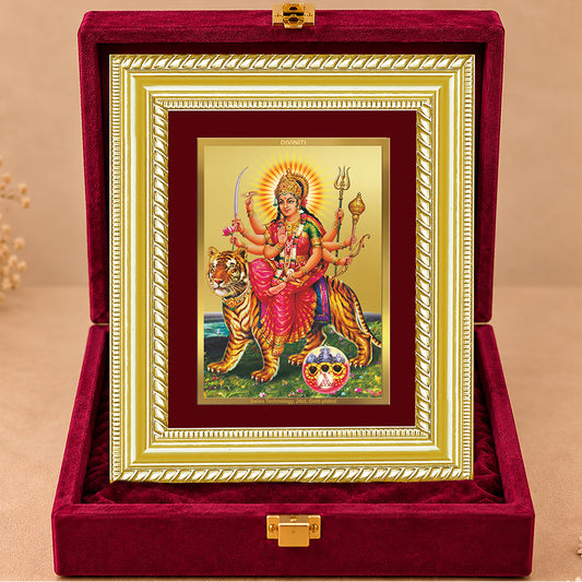 24K Gold-Plated Sherawali Mata with Pindi Frame | Premium Gift Box | 21.5x17.5 CM