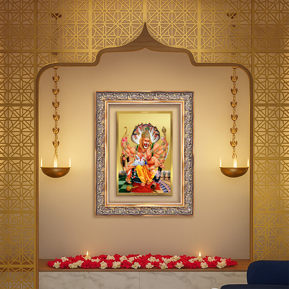 Diviniti 24K Gold Plated Narasimha (Classic) Divine Wall Frame for Home Mandir & Office Decor | Luxury Spiritual Gift