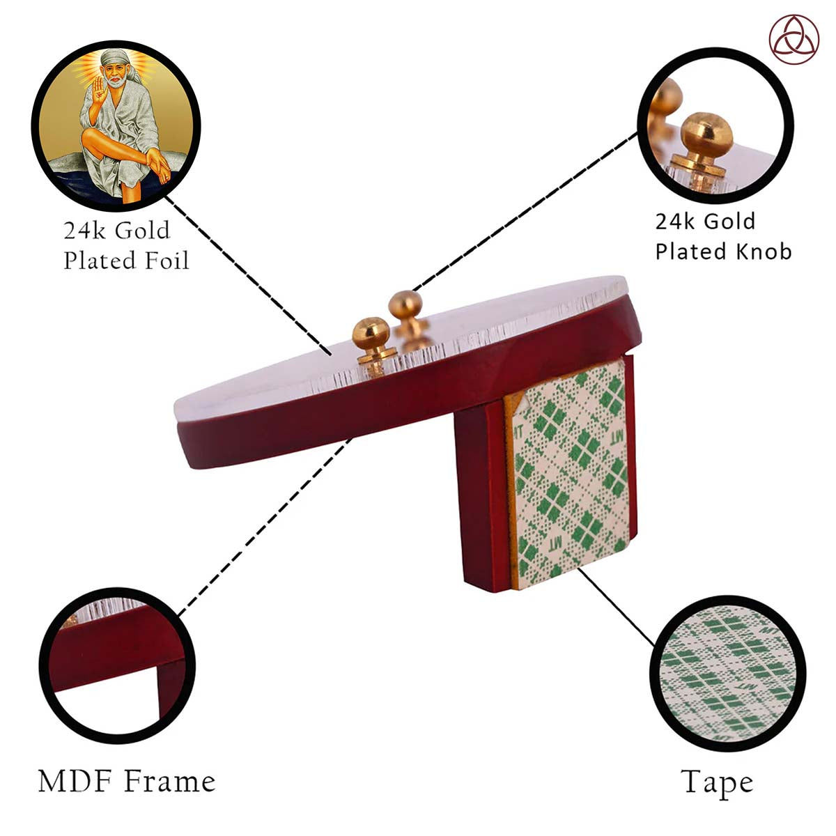 Sai Baba of Shirdi Car Dashboard & Tabletop Photo Frame showcasing 24K gold plated foil and intricate MDF design.