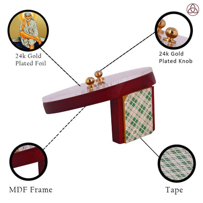 Sai Baba of Shirdi Car Dashboard & Tabletop Photo Frame showcasing 24K gold plated foil and intricate MDF design.