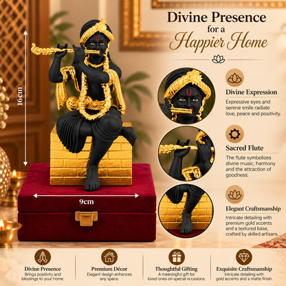 24K Gold-Plated Black Krishna Idol | Premium Gift Box | 16x9 CM