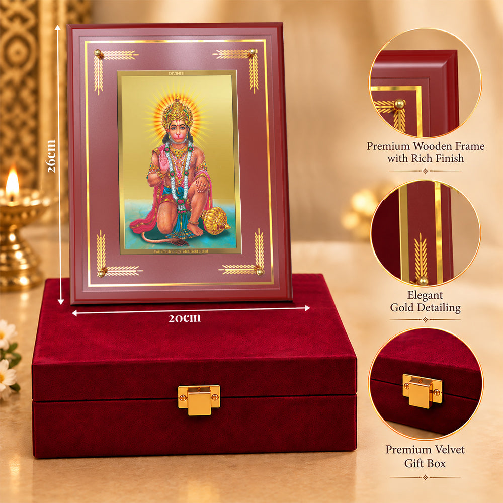 24K Gold-Plated Hanuman Blessings MDF Frame | Premium Gift Box | 26x20 CM
