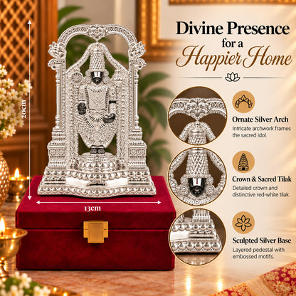 999 Silver-Plated Lord Tirupati Balaji Idol | Premium Gift Box | 20x13 CM