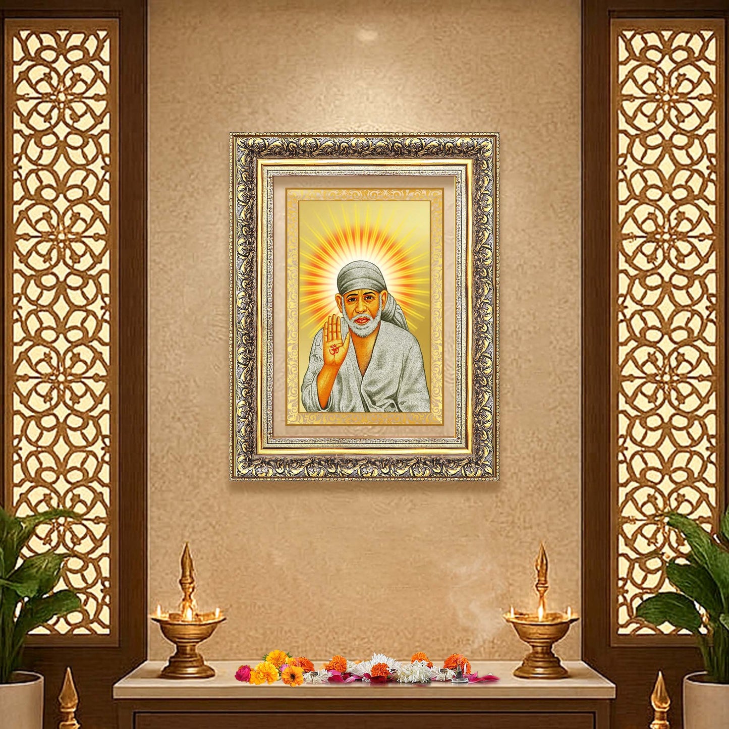 Diviniti 24K Gold Plated Sai Baba With Blessings (Classic) Divine Wall Frame for Home Mandir & Office Decor | Luxury Spiritual Gift