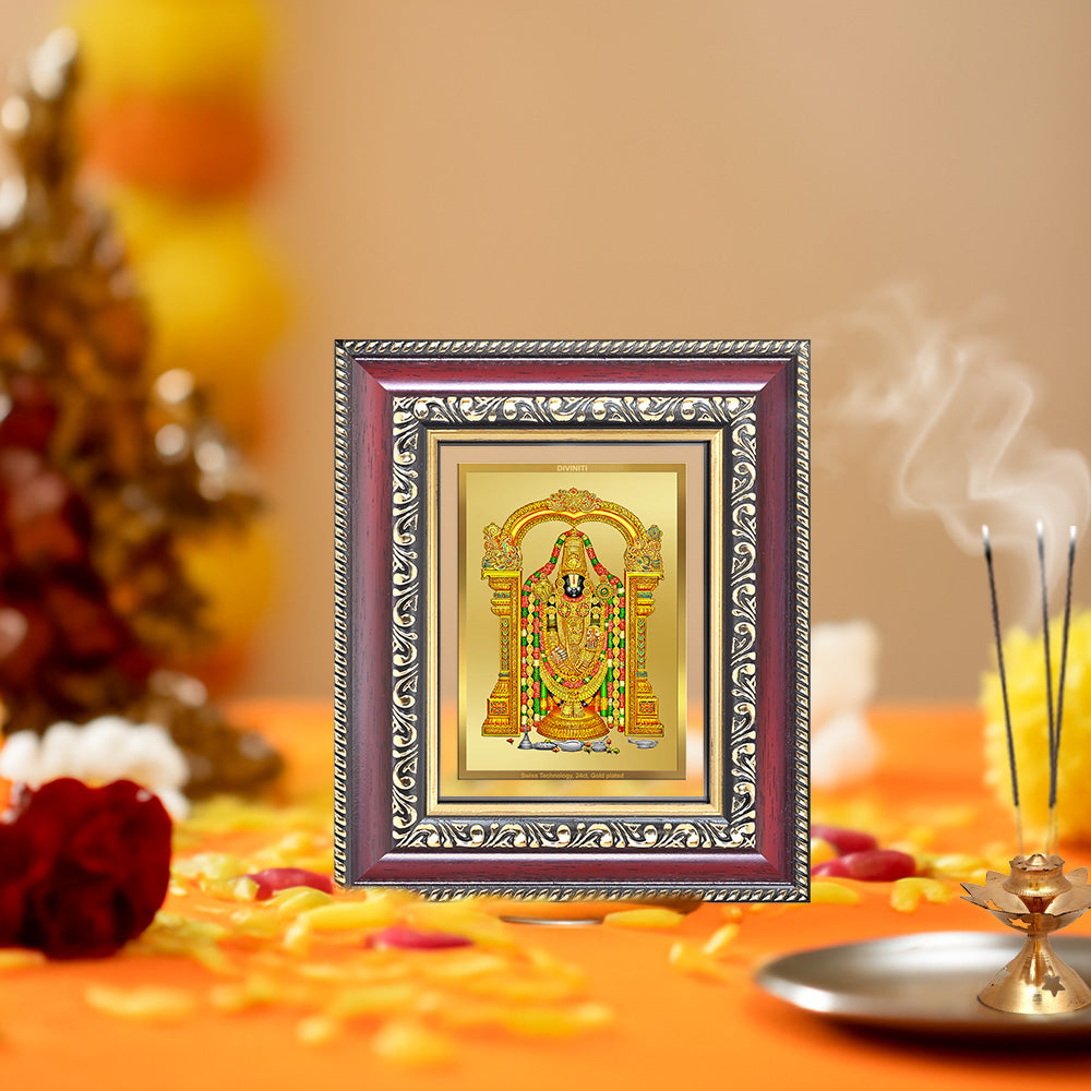 Diviniti 24K Gold Plated Tirupati Balaji Divine Table Top Frame for Home Mandir & Office Decor | Luxury Spiritual Gift