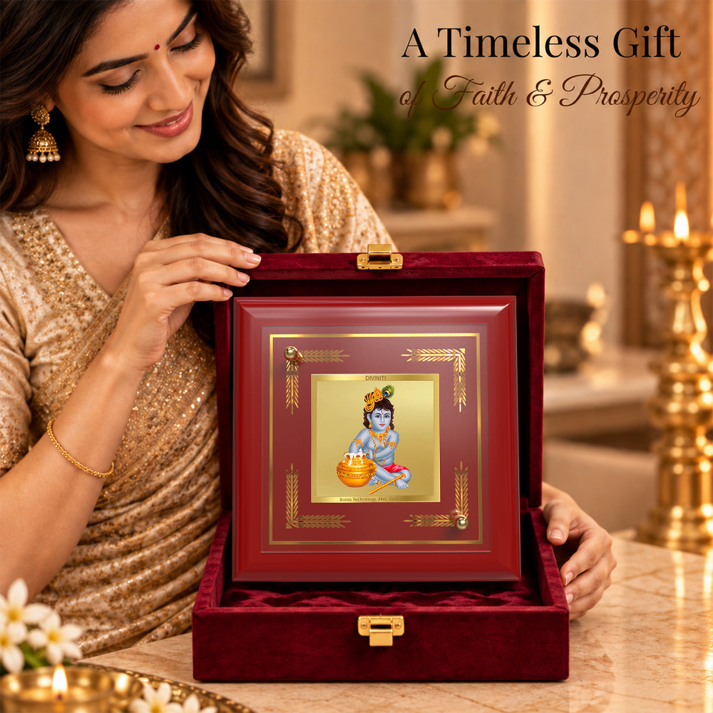 24K Gold-Plated Krishna Bal Gopal MDF Frame | Premium Gift Box | 10x10 CM