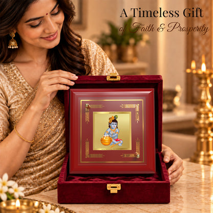 24K Gold-Plated Krishna Bal Gopal MDF Frame | Premium Gift Box | 10x10 CM