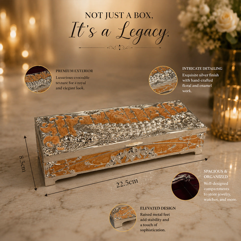 Diviniti Luxury German Silver Peacock 2-in-1 Box | Elegant Peach Multipurpose Gift Box