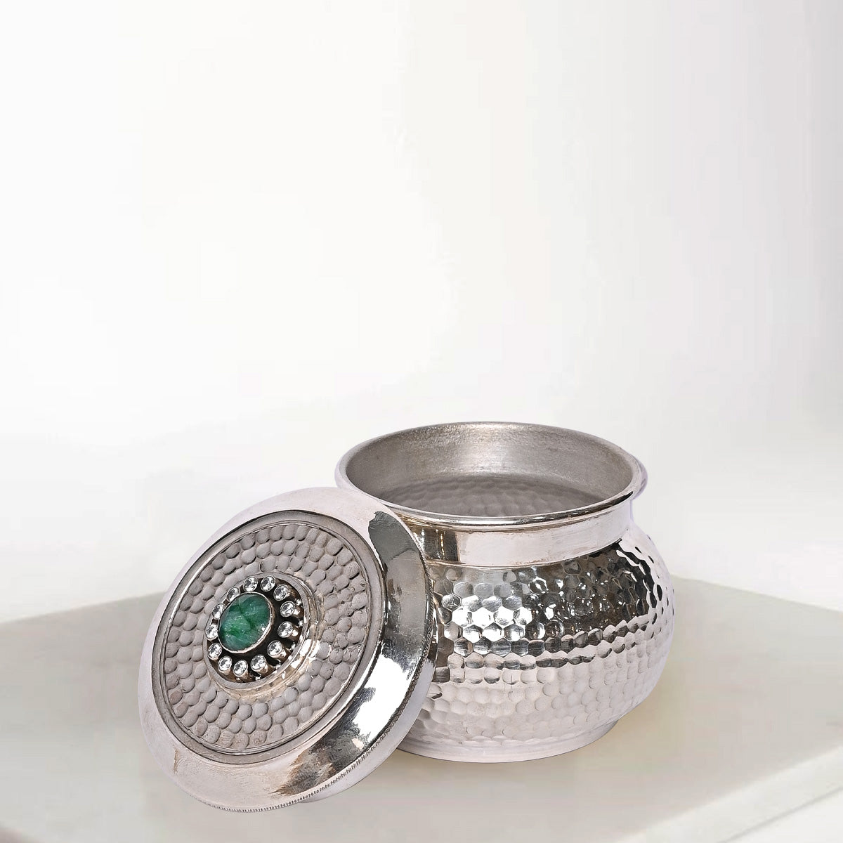 Pure Silver Serenity Box Green Eye Studded Handcrafted Storage Container (8x6x7 cm, 152g)