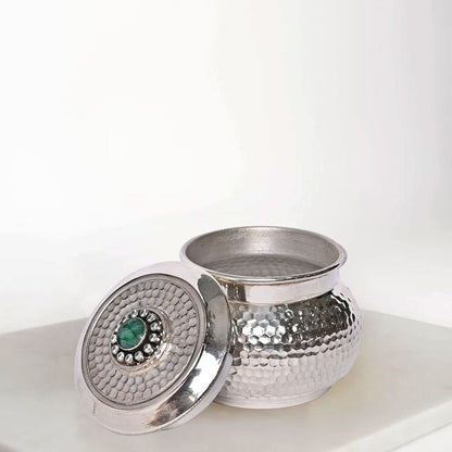 Pure Silver Serenity Box Green Eye Studded Handcrafted Storage Container (8x6x7 cm, 152g)