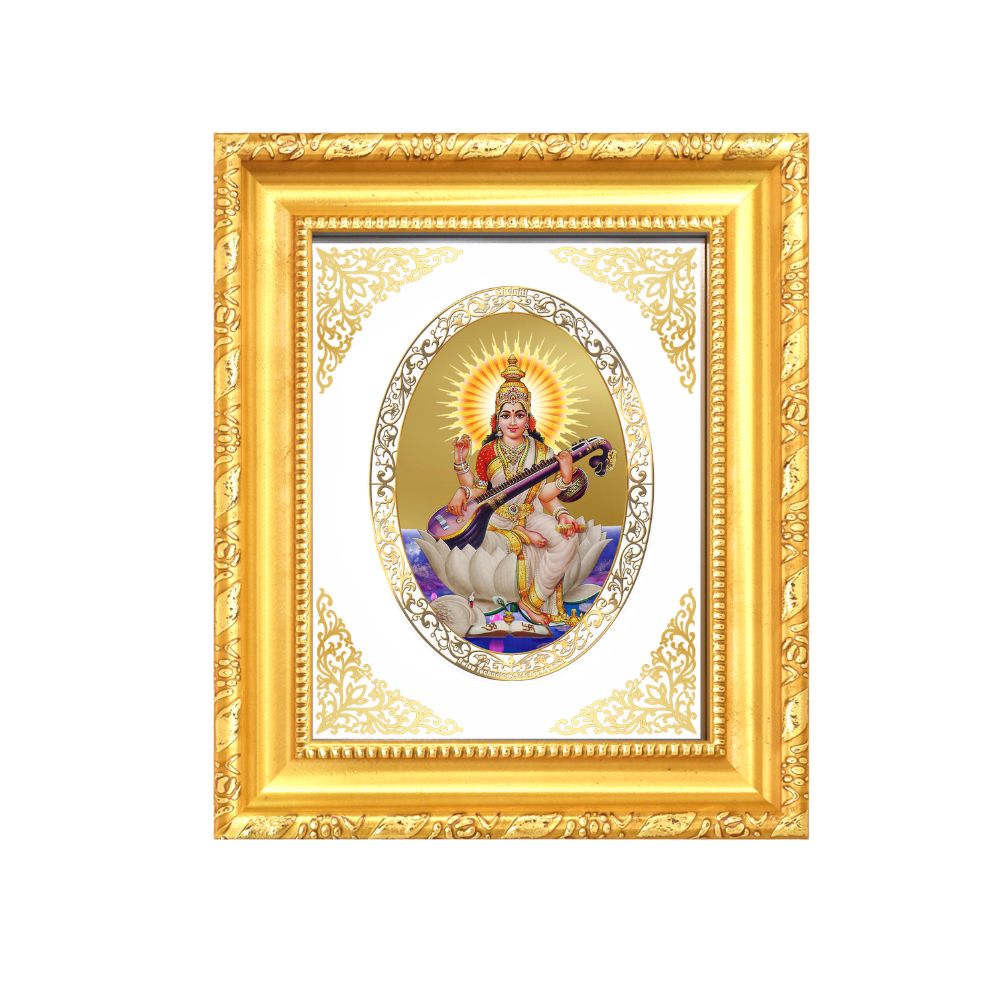 Goddess Saraswati Mata Divine Knowledge & Wisdom Sacred Royal Tabletop Frame in 24K Gold Plated Foil