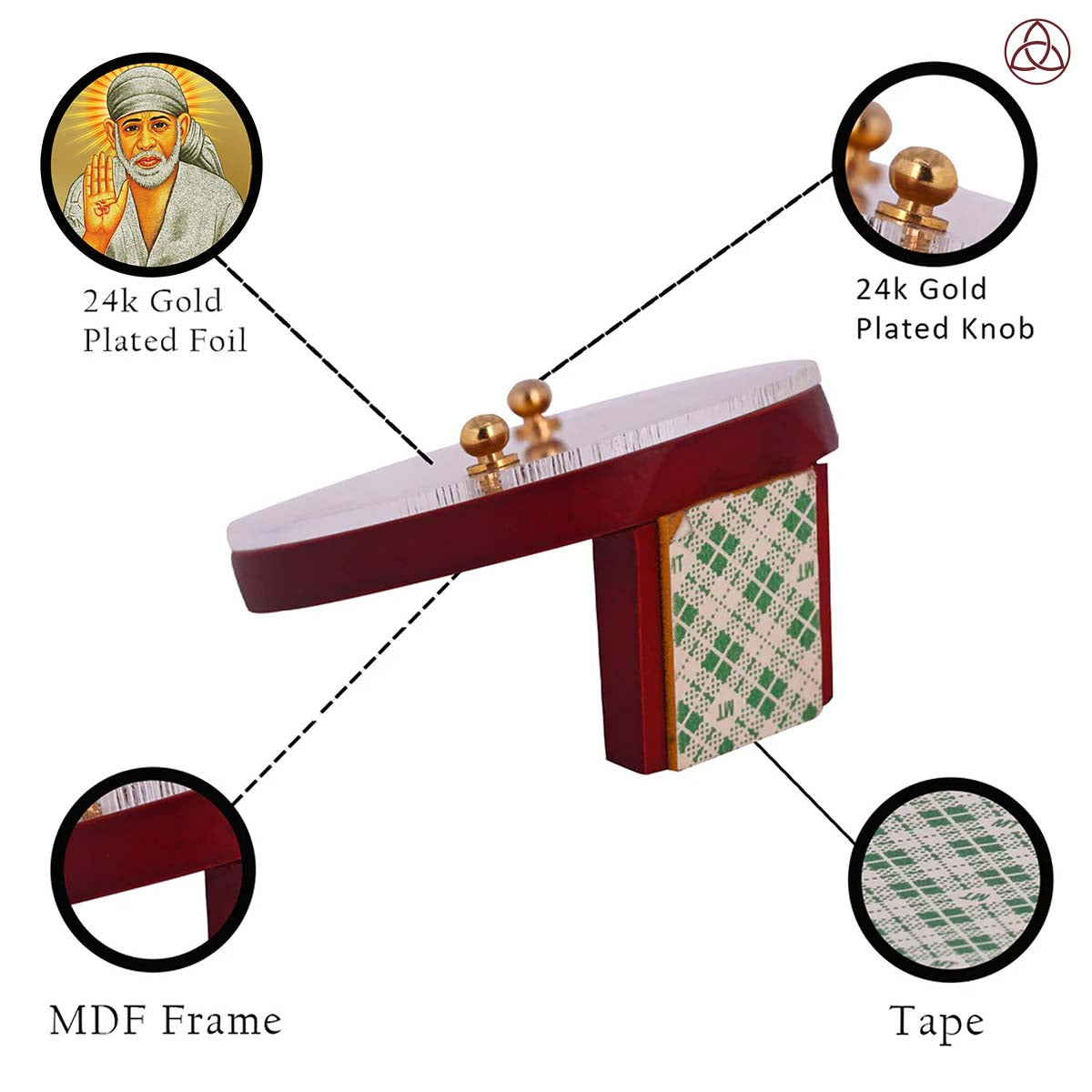 Sai Baba Blessing Pose Car Dashboard & Tabletop Photo Frame showcasing 24K gold plated foil and intricate MDF design.