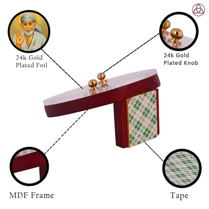 Sai Baba Blessing Pose Car Dashboard & Tabletop Photo Frame showcasing 24K gold plated foil and intricate MDF design.