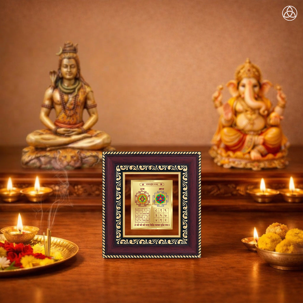  Vyapar Vriddhi Yantra Yantra displayed on a decorated altar with candles and idols of Hindu deities for spiritual harmony.